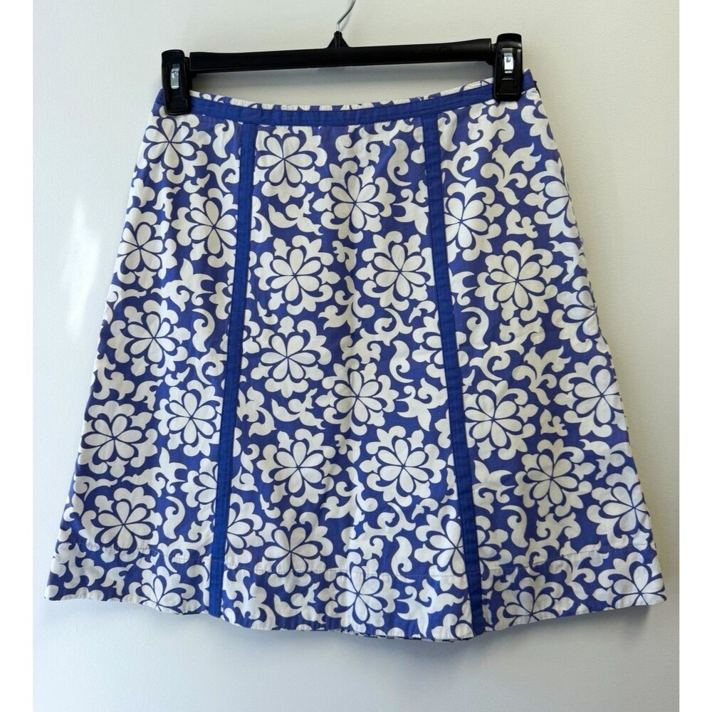 Boden Blue White Floral A-Line Knee Length Cotton Canvas Skirt Zip Closure